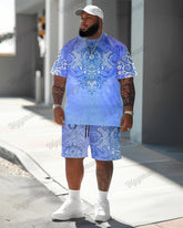 Men's Plus Size Blue Esbat Print T-Shirt Shorts Suit